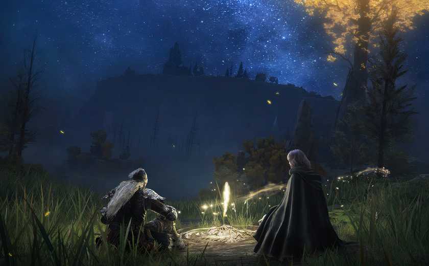 elden ring protagonist with melina at a site of grace nighttime